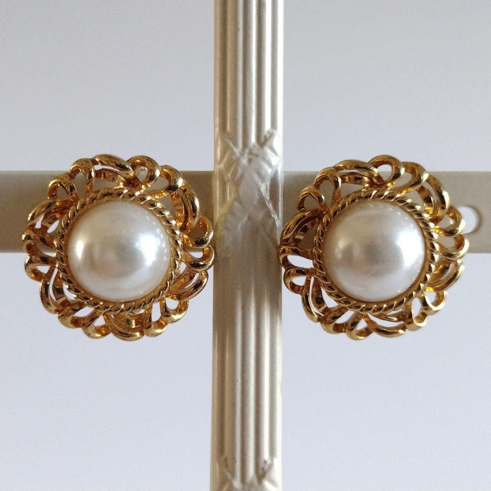 Napier Gold-Tone Faux Pearl Screw Back Earrings